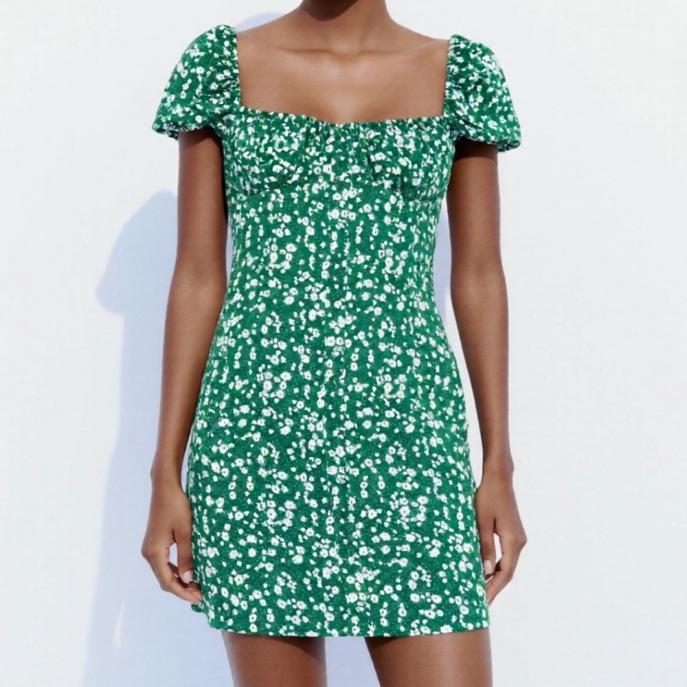 Zaful Milkmaid Dress Womens Size XL Green Ditsy Print Cottagecore Micro Floral